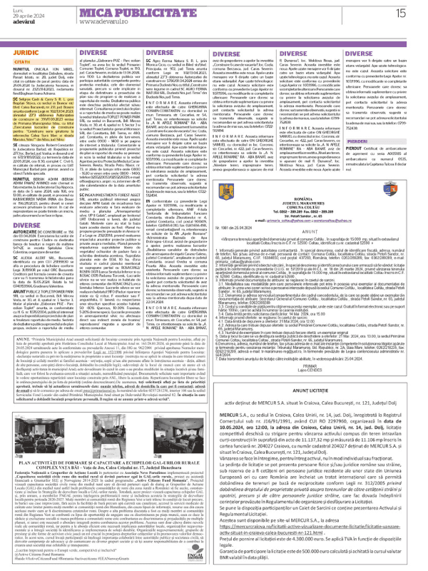Model anunt ziar autorizatie de construire